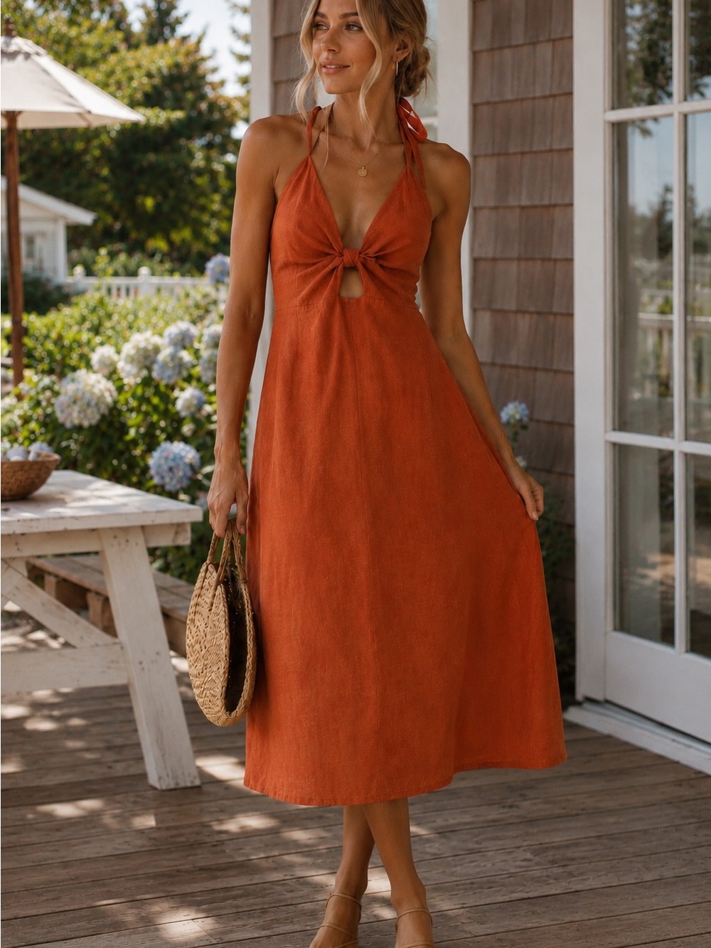Amalie Rust Orange Linen Blend Halter Tie Back Midi Dress US 6